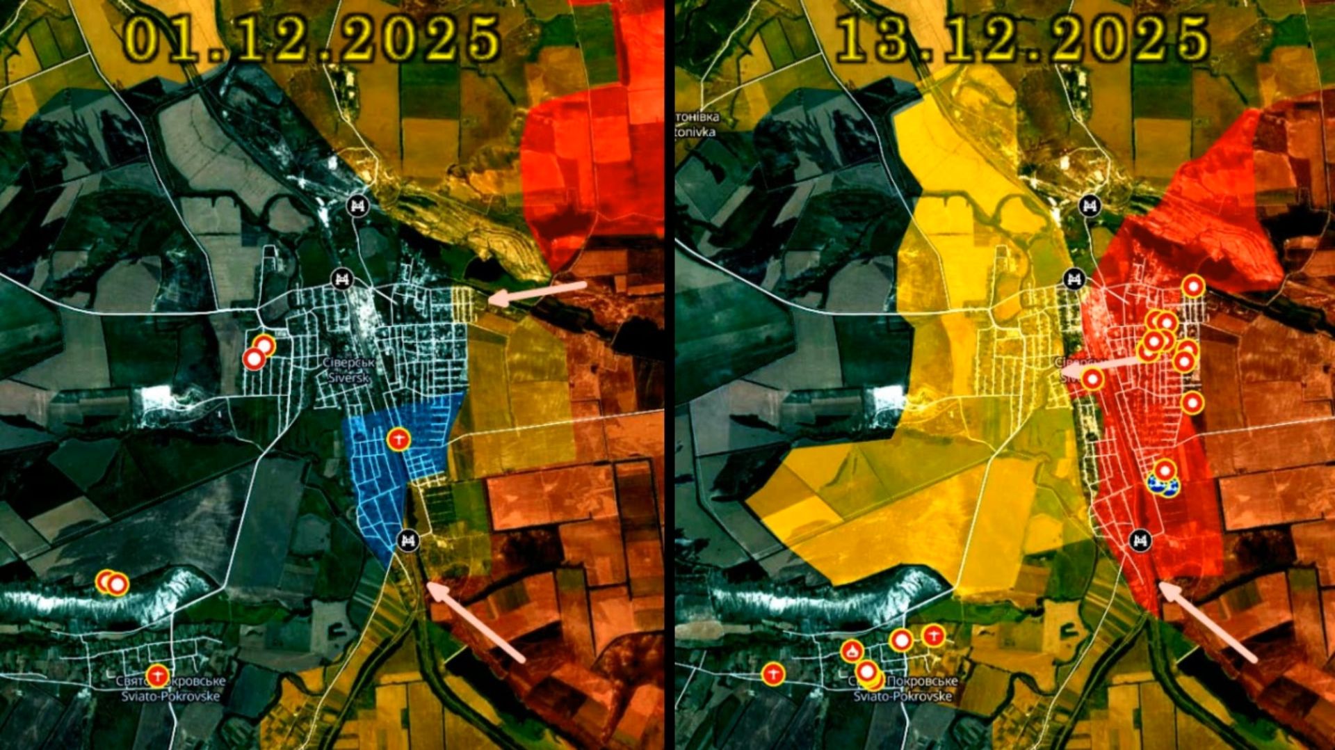 Карта боевых действий за Северск с 1 по 13 декабря 2025 года