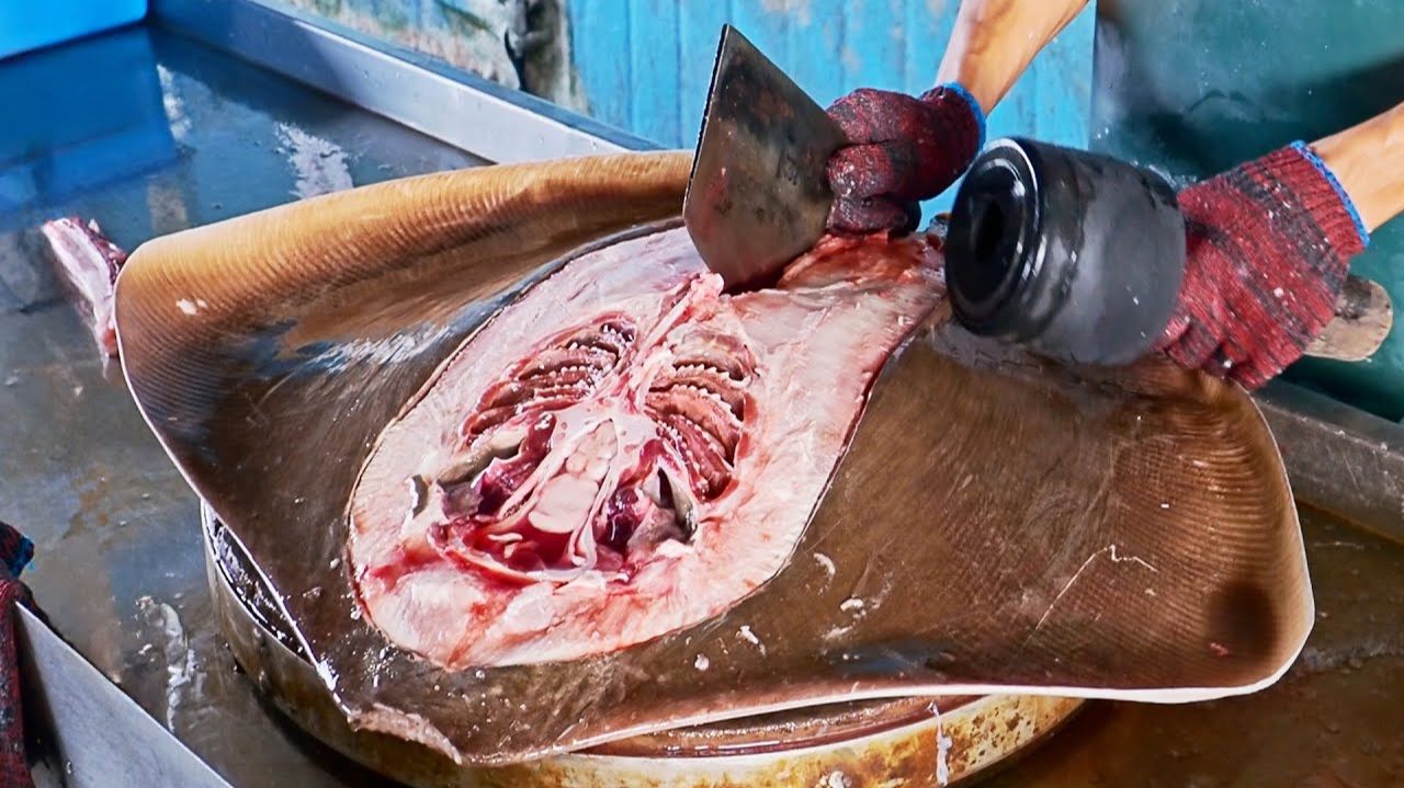 Рыбный рынок в морском порту, разделывание рыбы-скат, жареная рыба в банановом листе / Атака скат !