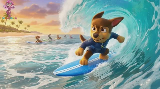 Щенячий патруль, Скай, Маршал, Эверест, Гончик, Крепыш и Зума Танцуют на пляже и катаются на сёрфе