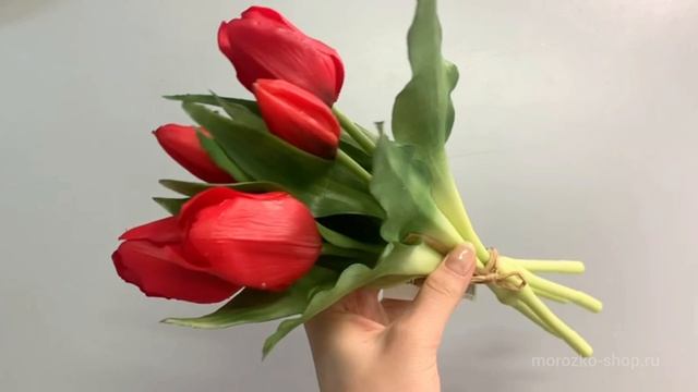 Искусственный букет ТЮЛЬПАНЫ "НЕЖНОСТЬ ВЕСНЫ", силикон, красный, 28 см (букет – 5 шт.), 216003-40-1