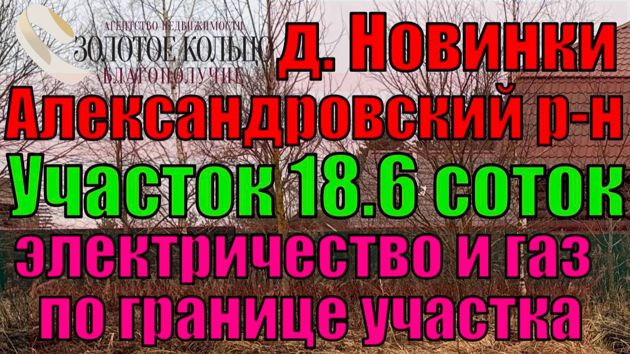 Продается  участок 18,6 соток в дер. Новинки, около г. Александров, Владимирская обл. Газ. Свет.