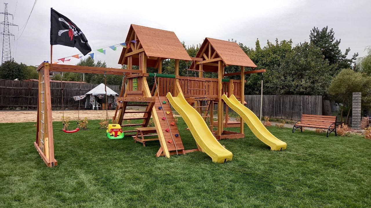 Детская площадка Люкс 9, Скамейка деревянная, Песочница Сава - 3,  Качели Сава