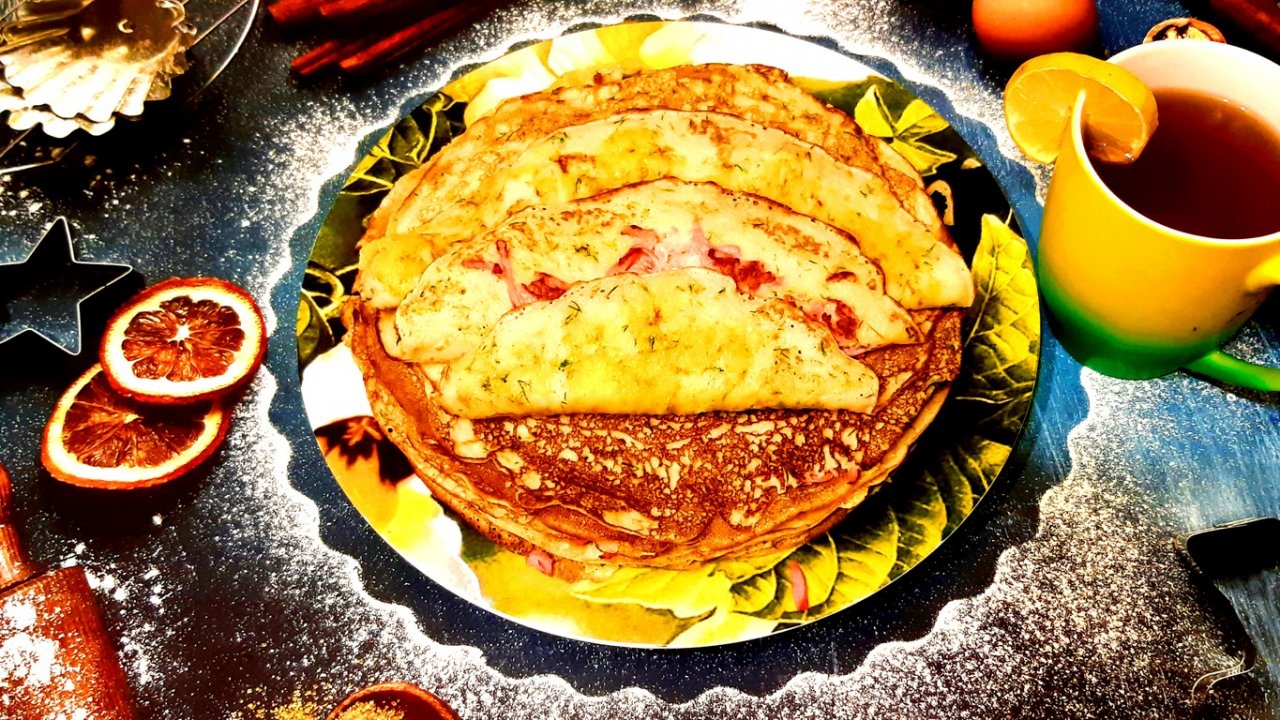 БЛИНЫ С ПРИПЁКОМ,С КОЛБАСОЙ,СЫРОМ И ЗЕЛЕНЬЮ. Кулинарный рецепт