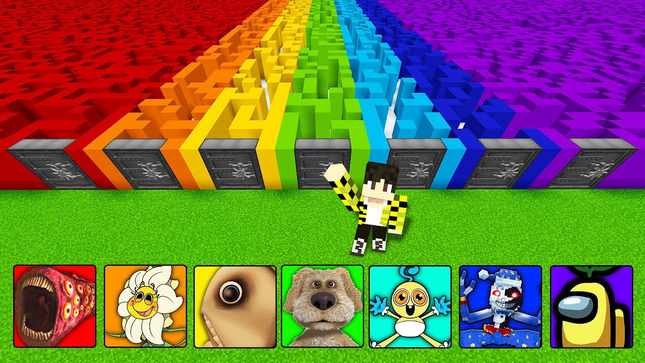 Выбери радужный лабиринт ЧЕЛОВЕК ЗА ОКНОМ РЕБЕНОК ДЛИННЫЕ НОГИ ЛУНА ДЕЙЗИ БЕН АМОНГ АС в майнкрафт !