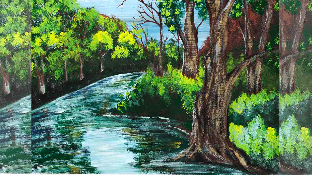 Как нарисовать пейзаж. Как нарисовать лесной пейзаж. Рисуем пейзаж гуашью. Рисуем лесную реку.