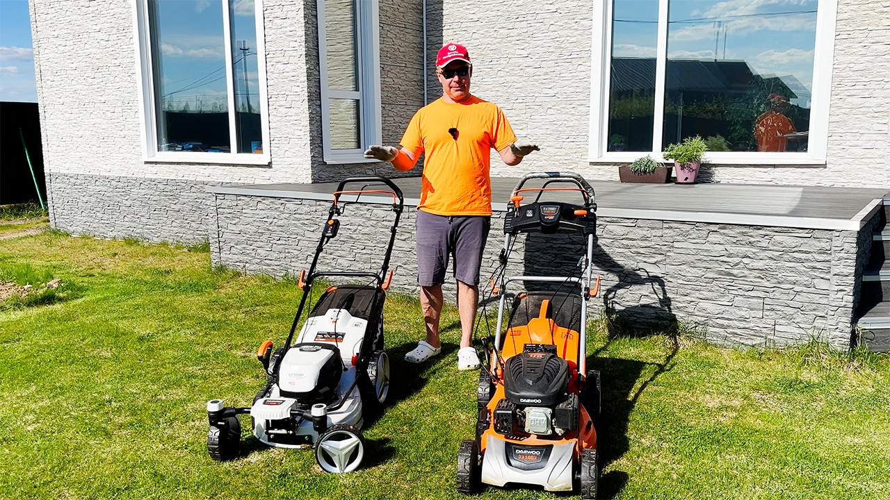 Сравнение Аккумуляторной и Бензиновой газонокосилок DAEWOO