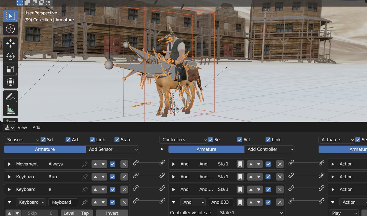 BLENDER 3.6 и UPBGE подготовка и заброс персонажа на лошади в игру