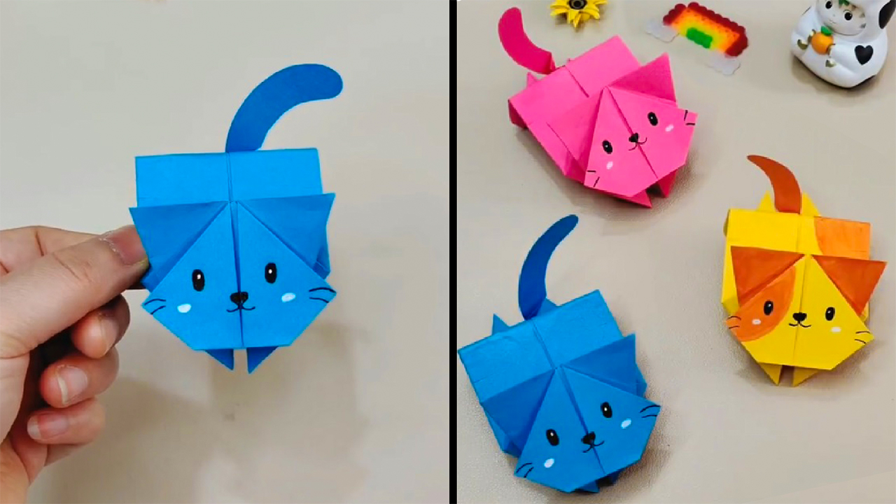 Оригами Прыгающий Котик из бумаги