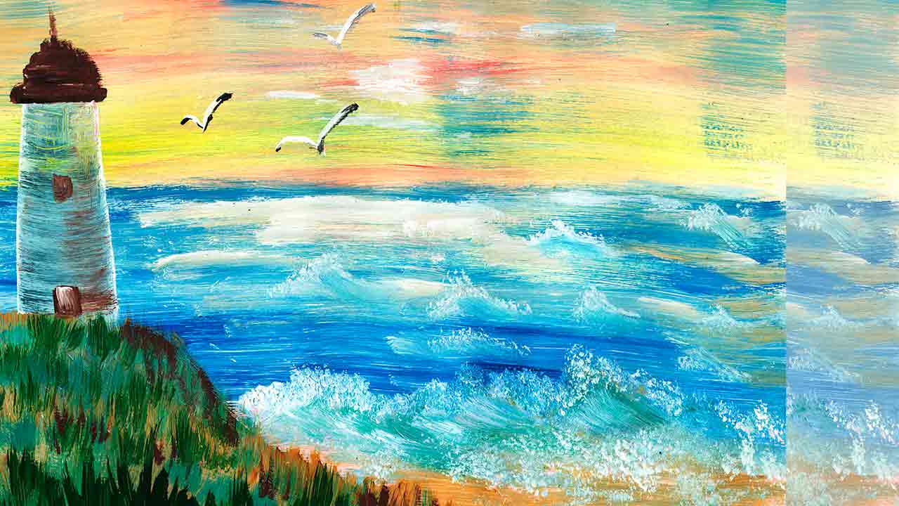 Как нарисовать маяк. Как нарисовать морской пейзаж. Правополушарное рисование.