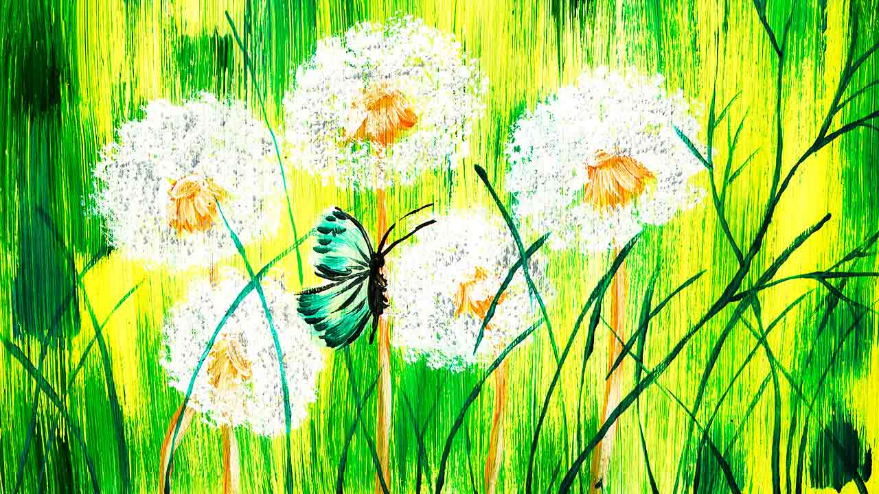 Как легко нарисовать пейзаж. Как нарисовать цветы. Как нарисовать одуванчики.