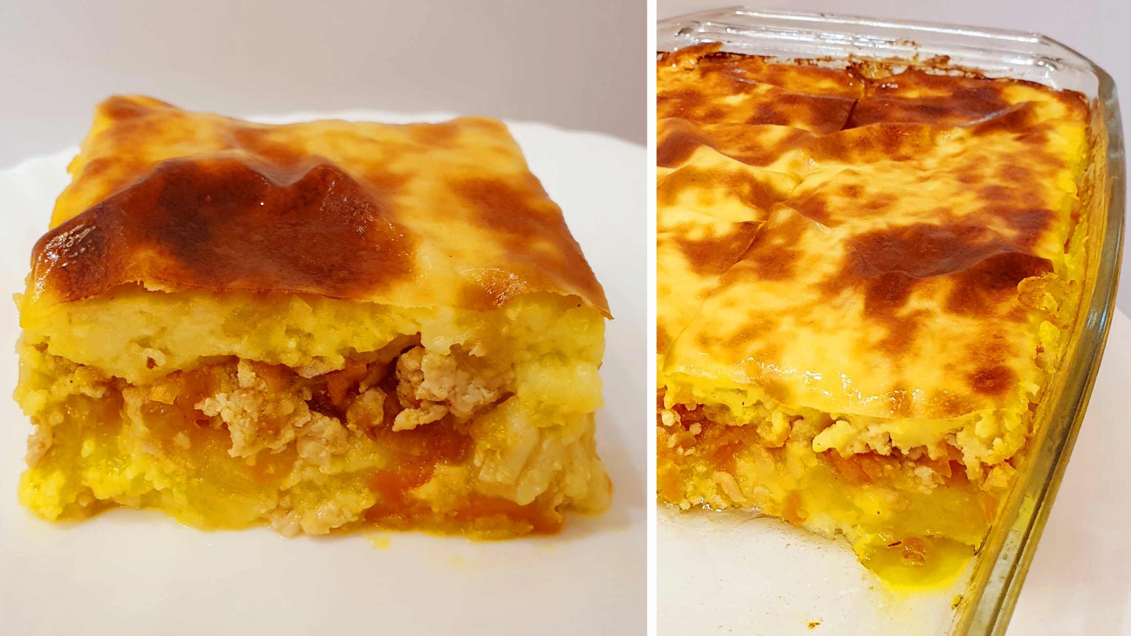 Картофельная запеканка с мясным фаршем и овощами в духовке.