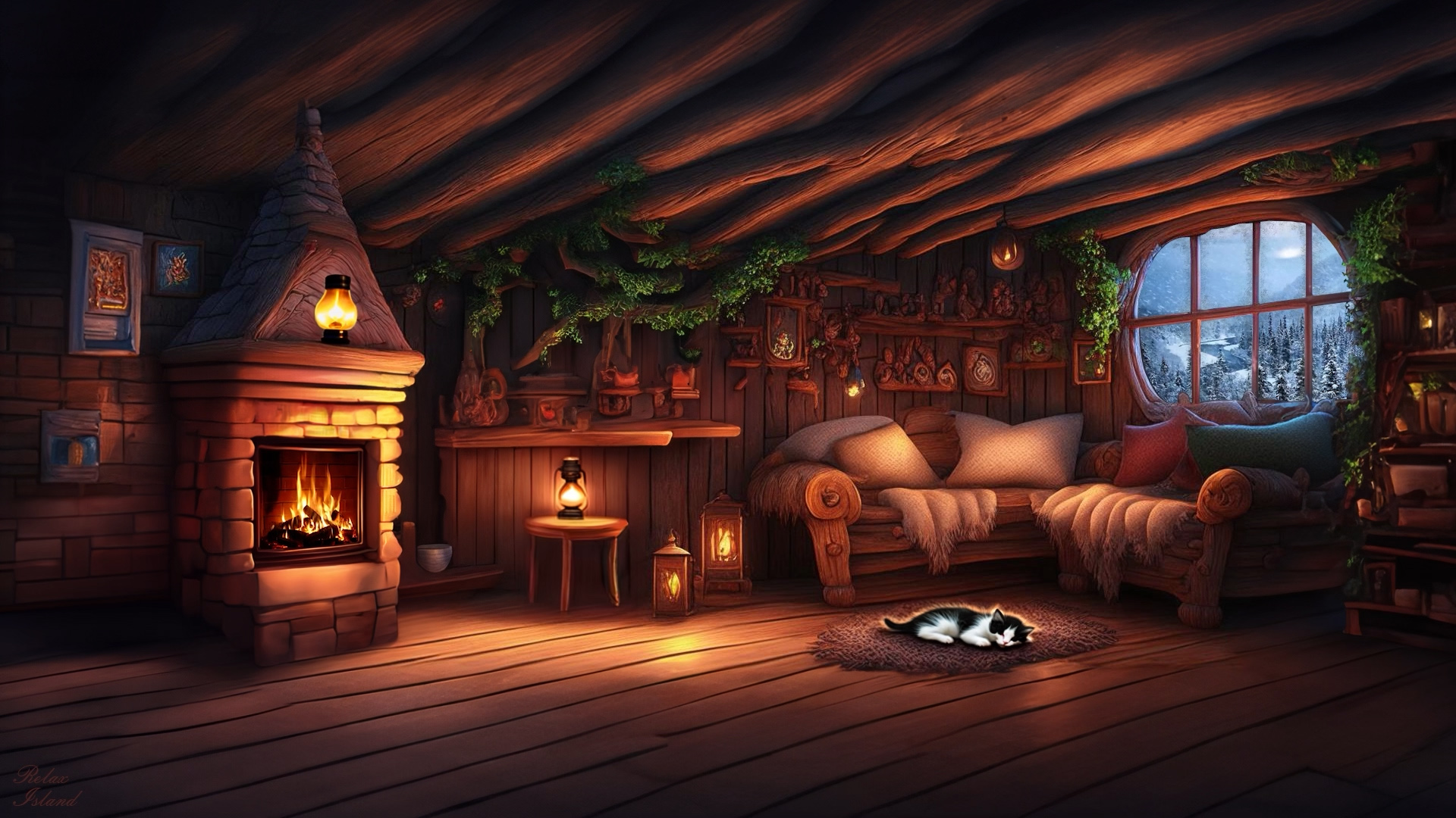 ? Мурчание кота и потрескивание камина для крепкого сна под звук вьюги ❄️ Звук костра и снегопад